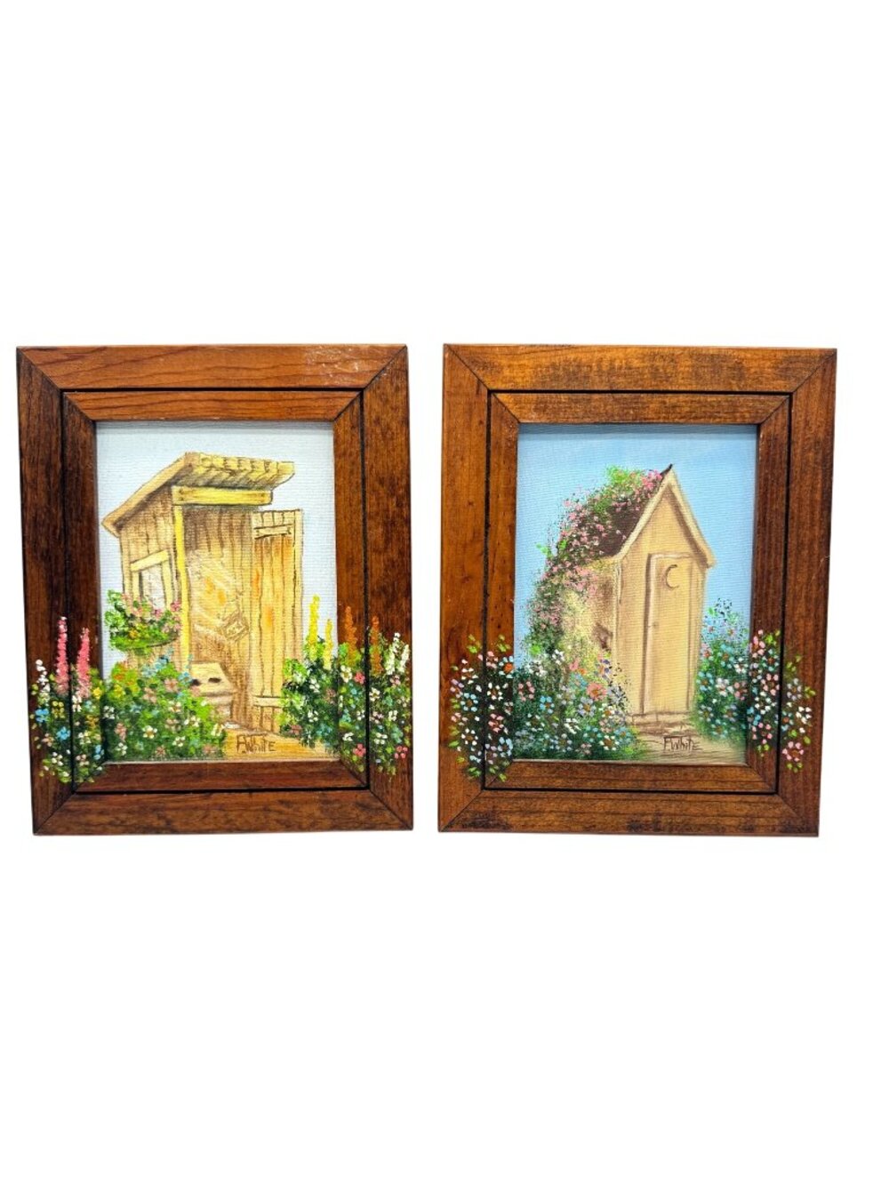 Original F. White Oil Paintings of Rustic Outhouses In Wooden Frames 7.5"x 9.25"